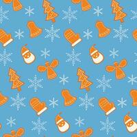 Seamless pattern with gingerbread cookies and snowflakes. Festive design for fabric, wrapping paper, textile, wallpaper, greeting cards. Vector illustration