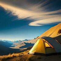 Camping and setting up tents in the wild with beautiful views of mountains, sunsets, sunrises, lakes. Good for business travel, travel transportation, websites, companies etc. Generative Ai concept photo