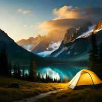 Camping and setting up tents in the wild with beautiful views of mountains, sunsets, sunrises, lakes. Good for business travel, travel transportation, websites, companies etc. Generative Ai concept photo