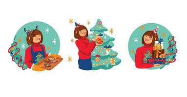 antes de las vacaciones preparativos. niña decora un Navidad árbol, prepara pan de jengibre galletas, y paquetes regalos. vector