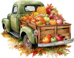 ai generatief waterverf herfst oud oppakken vrachtauto clip art pompoenen wijnoogst boerderij vers markt oogst vallen landschap boerderij leven dankzegging png