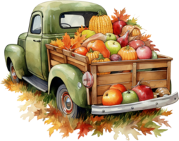 ai generativo acquerello autunno vecchio Raccogliere camion clipart zucche Vintage ▾ azienda agricola fresco mercato raccogliere autunno scenario azienda agricola vita ringraziamento png