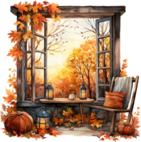 AI Generative Watercolor Auntumn Windows Clipart Fall Holiday Scenes Card Making Seasonal autumn leaves Cozy Fall farmhouse png