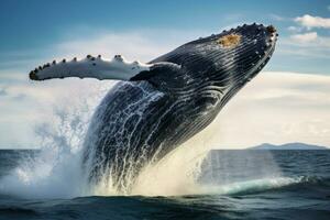 jorobado ballena salpicaduras en el Pacífico océano, Alaska, jorobado ballena saltando fuera de el agua, ai generado foto