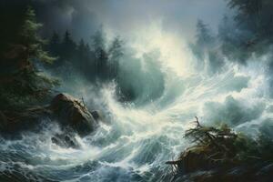 Fantasy landscape with a stormy river. 3D Rendering, impressionism painting of tidal wave and woodland colliding in nature, AI Generated photo