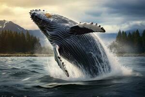 jorobado ballena saltando fuera de el agua. 3d representación, jorobado ballena saltando fuera de el agua, ai generado foto