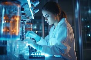 Attractive female scientist working in laboratory. She is using a microscope and looking at it, In Bio Technological Laboatory Female Research Scientist Analyzes Test Tube in Medical, AI Generated photo