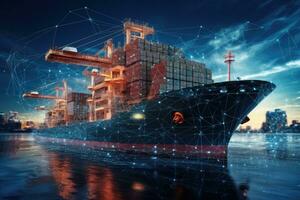 Cargo ship with global network connection concept. 3D Rendering, Incorporating new tech for ship transport and cargo regulation, AI Generated photo