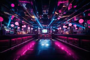 interior de un noche club con neón luces. 3d representación, interior de un noche club con brillante luces. noche club. un decorado noche club con elegante sofás y vistoso cóctel, ai generado foto