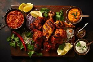 Chicken tikka masala or chicken tikka, Indian food, Indian food feast with chicken tikka masala curry, tandoori chicken, and appetizers top view, AI Generated photo