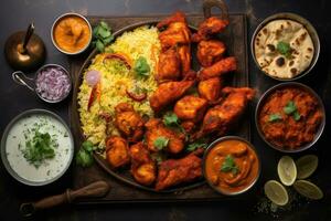 Chicken tikka masala or chicken tikka, popular Indian food, Indian food feast with chicken tikka masala curry, tandoori chicken, and appetizers top view, AI Generated photo