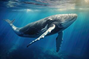 jorobado ballena nadando en azul océano. submarino escena, jorobado ballena nadando submarino en azul agua. marina vida, ai generado foto