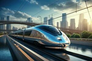 High-speed train moves through the city. 3D rendering. High Speed train on the road to the modern city, AI Generated photo