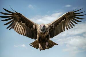 Griffon Vulture Gyps fulvus flying in the sky, huge vulture in flight, low angle view, AI Generated photo