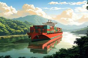 Cargo ship on the river with mountains in the background, vector illustration, Illustration of a container ship passing through the Panama Canal, AI Generated photo