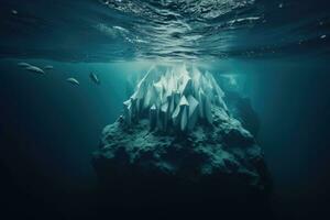 submarino ver de icebergs en el océano. 3d representación, iceberg con encima y submarino vista, ai generado foto