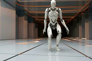 3d rendering of a robot in a futuristic room. This is a computer generated and 3d rendered picture, humanoid robot walks through  the  fourth dimension space , AI Generated photo