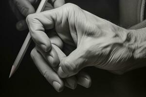 Hands with a pencil on a black background, close-up, image of a hand skillfully drawing on a paper press, AI Generated photo