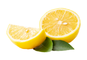 Front view of beautiful yellow lemon half with slice isolated with clipping path in png file format