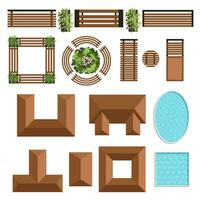 Landscape elements for master plans. Various trees, benches, trees, and houses. Top view for the architectural plan. Vector illustration.