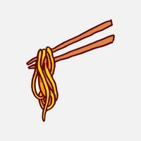 noodle in a chopsticks in hand drawn and colored style. vector illustration.