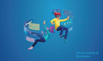 A woman wearing a VR headset floating in cyberspace. Simulation of the virtual digital world for entertainment and visual experience in the metaverse. Flat vector illustration photo