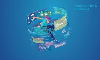 Businessman wearing a VR headset floating in cyberspace. Simulation of the virtual digital world for entertainment and visual experience in the metaverse. Flat vector illustration