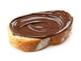 chocolate spread and toast on white background photo