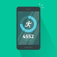 Run or fitness steps tracker app on mobile phone vector isolated, flat cartoon smartphone sport moving activity or tracking data on cellphone screen image