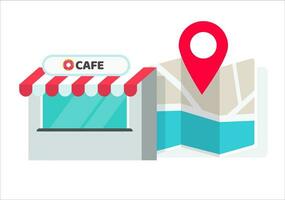 Cafe or store location with pin pointer and navigation map vector illustration, flat cartoon shop or restaurant position or place geo location