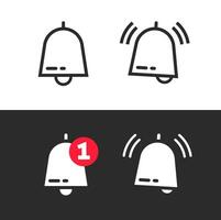 Bell line outline art icon or doorbell flat cartoon alarm symbol with alert notification as incoming message vector illustration, modern jingle ui element design isolated