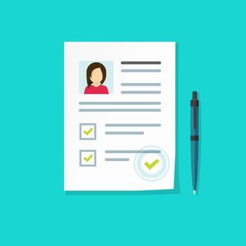 perfil papel documento con personal datos como empleado alquiler entrevista CV o currículum tarjeta y credencial vector ilustración, plano dibujos animados solicitud forma, reclutamiento Lista de Verificación o cliente evaluación