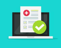 Medical form check list with results data and approved check mark online on laptop screen vector icon, flat cartoon computer and clinical checklist document report and checkbox, tele medicine service