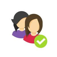 Two people with checkmark sign as community group or verified team member identity vector icon, flat cartoon couple check mark symbol, idea of partnership or public selected pictogram