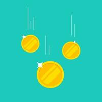 Coins money falling or dropping vector flat cartoon icon isolated on color background, tree golden coin flying, cashback income or savings