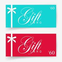 Gift card with thin white bow ribbon vector illustration, modern flat design of voucher or certificate template with text blue and red color, elegant coupon offer image