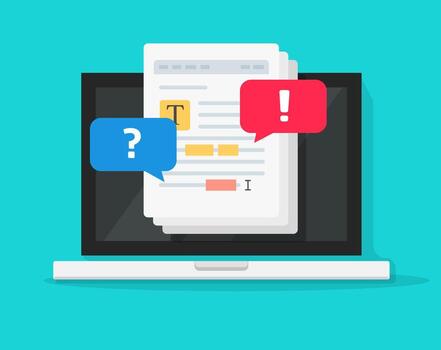 texto documento edición juntos en computadora vector, plano dibujos animados ordenador portátil con compartido archivo colaboró con destacado texto editor y charla comentarios notificaciones, concepto de docs en línea compartiendo imagen vector