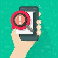 Risk message or caution alert on document or important data content comment on mobile phone or cellphone vector illustration, flat cartoon smartphone and magnifying glass searching prohibited info