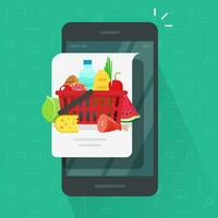 Internet food delivery or order via mobile phone vector illustration, flat cartoon cellphone and food products on message screen, concept of web menu and recipe online modern isolated design