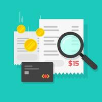 Money or payment financial analysis research or tax pay estimation vector symbol, flat cartoon receipts with credit card and magnifier as order search, online purchase invoice, expense analytics