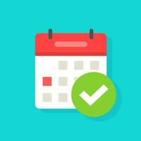 calendario con marca de verificación o garrapata icono vector, plano dibujos animados evento recordatorio con cheque marca como aprobado o calendario fecha símbolo aislado clipart vector