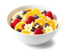 bowl of tasty cornflakes with berries on white background photo