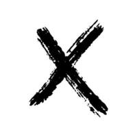 Thick minimalistic black cross isolated on white background. Doodle hand drawn vector grunge element, vote against, paint drawn cross.