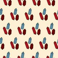 Cute doodle illustration in flat style, seamless pattern of multicolored crystals and stones on a beige background, fortune telling. Witch items, witchcraft. vector