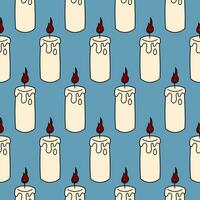 Cute doodle illustration in flat style, seamless pattern of burning candles on a blue background. Witch items, witchcraft. vector
