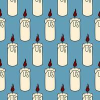 Cute doodle illustration in flat style, seamless pattern of burning candles on a blue background. Witch items, witchcraft. vector