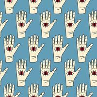 Cute doodle illustration in flat style, seamless pattern hand with red demonic eye on blue background, fortune telling. Witch items, witchcraft. vector