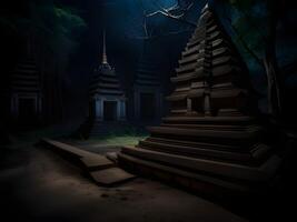 dark night scene with buddhist temple in the jungle photo