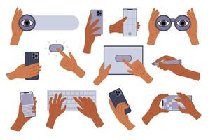 Set Hands holding stuff, search binoculars, smartphone, tablet, stylus, type on the keyboard, press the button. Vector illustration in doodle style