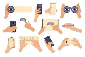 Set Hands holding stuff, search binoculars, smartphone, tablet, stylus, type on the keyboard, press the button. Vector illustration in doodle style